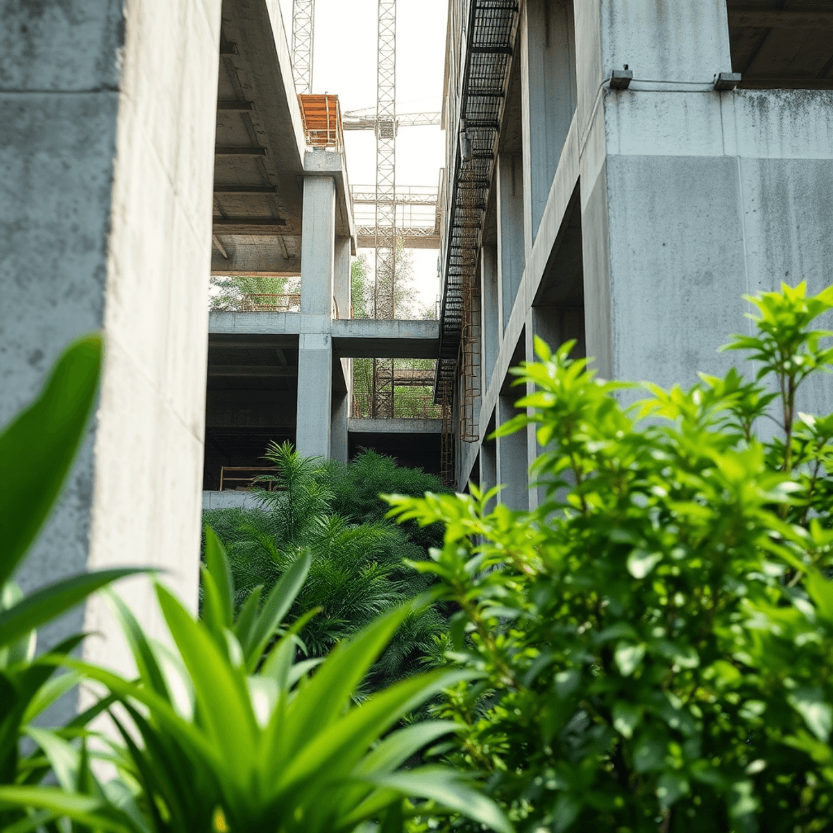 Close-up of a modern concrete structure under construction, surrounded by green plants and trees, with soft natural lighting highlighting the contrast of industrial and natural elements.