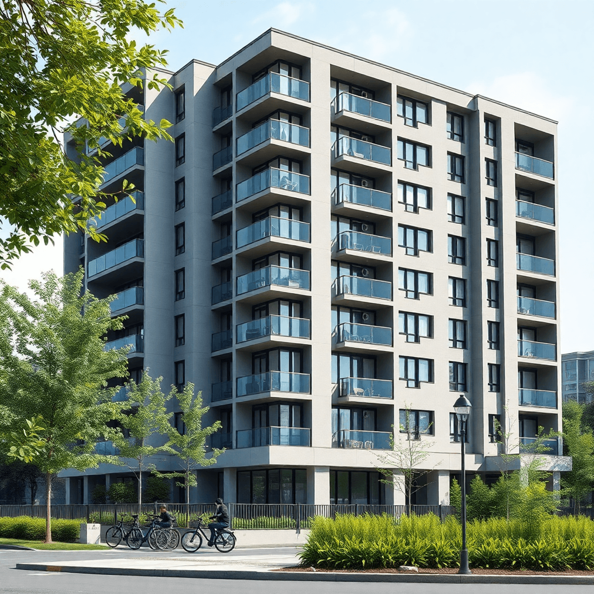 A modern urban condominium building with a sleek design, surrounded by green spaces and parks, featuring bicycles parked outside to symbolize practicality and accessibility.