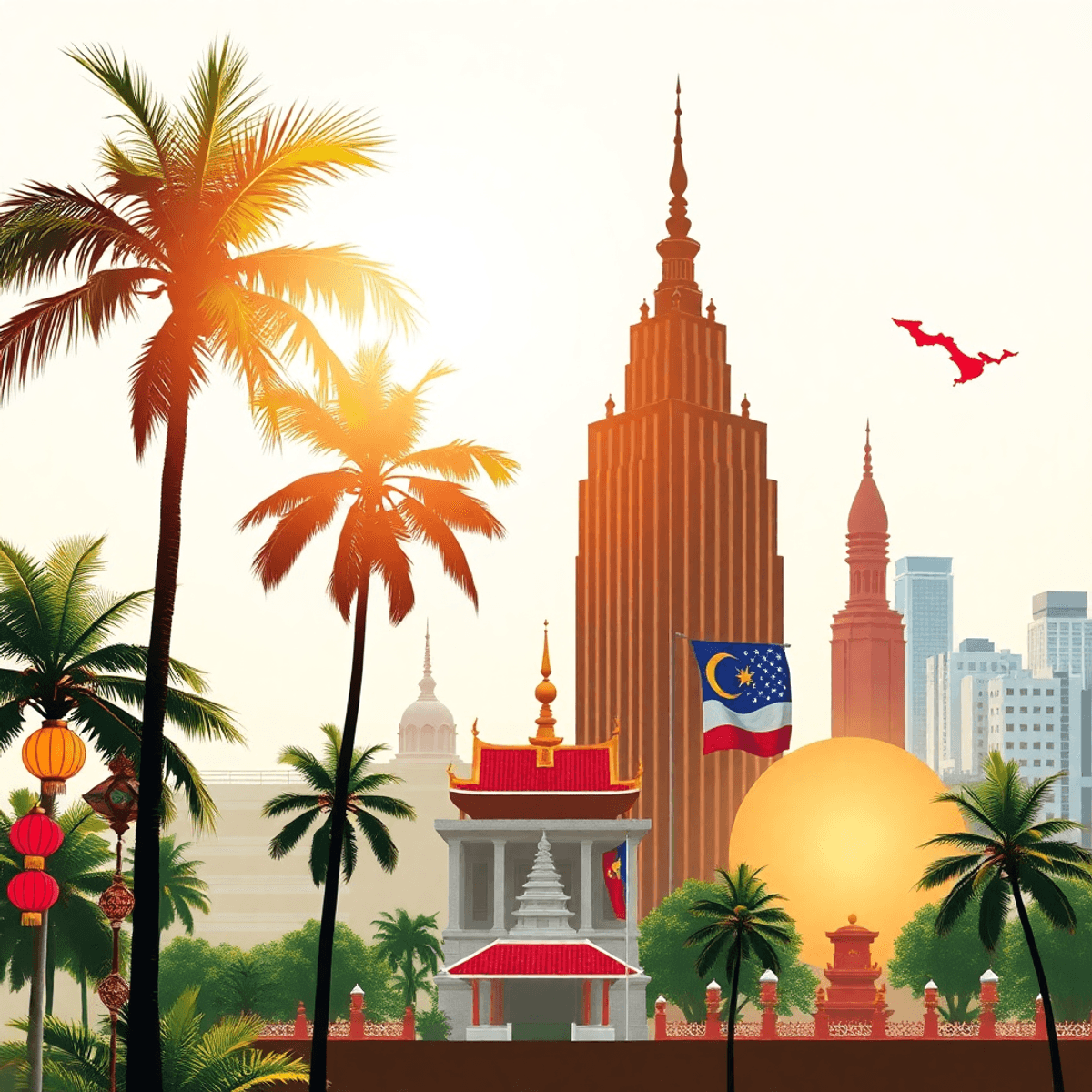 Sunlit collage of tropical palms, lanterns, temples, and a city skyline blending modern and historic architecture, symbolizing Southeast Asian culture and lifestyle.