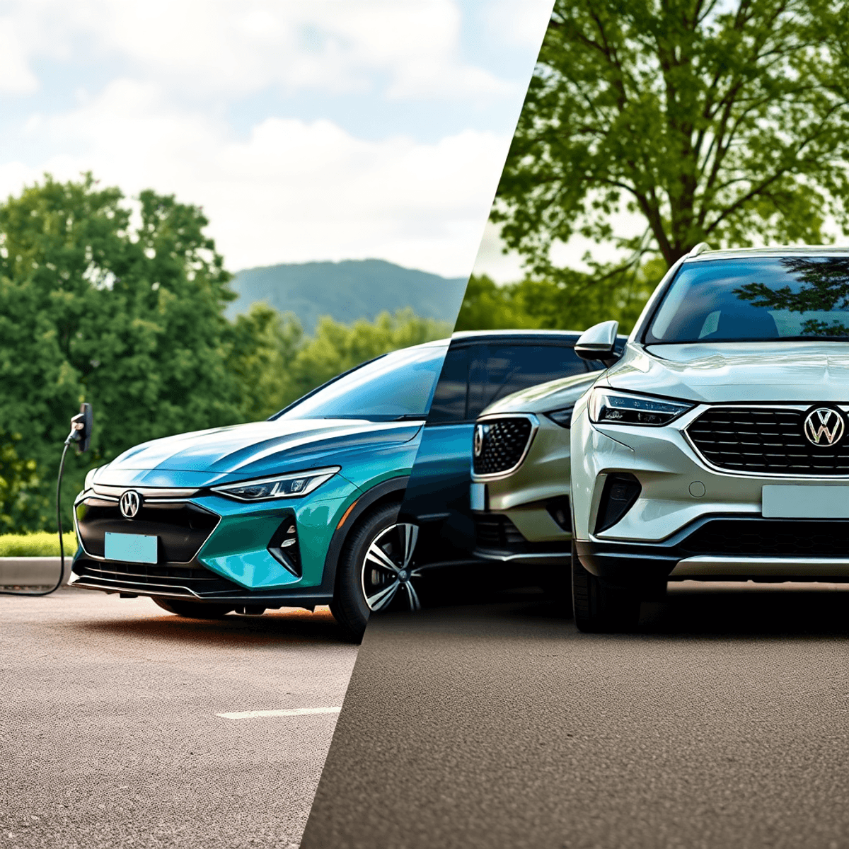 A hybrid car with eco-friendly features and a petrol car parked side by side in a scenic outdoor setting with lush greenery in the background.