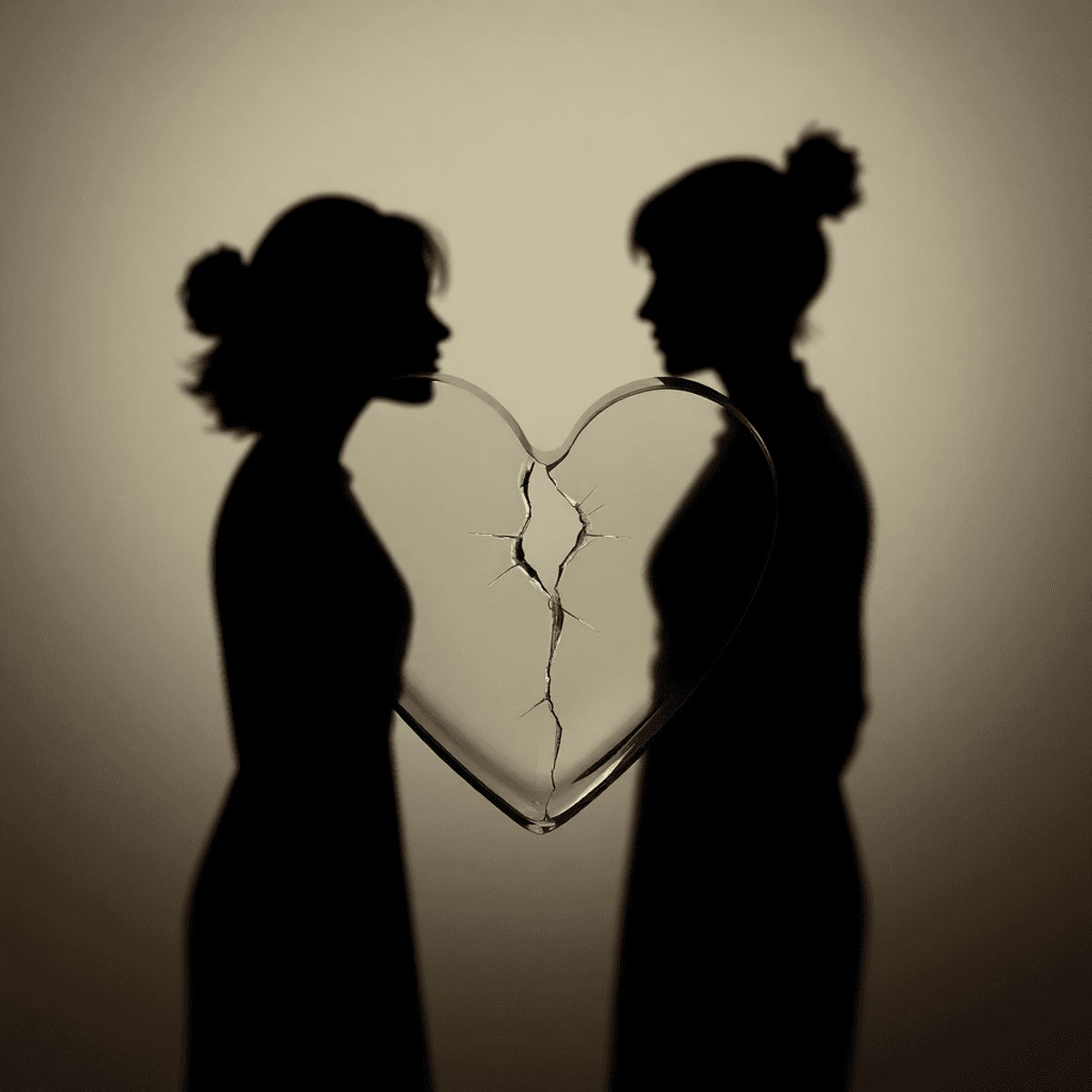 Beginning of the relationship with red flag finished in Phiilipines A fragile glass heart with cracks, flanked by two blurred silhouettes facing away, set against a muted background with abstract shapes symbolizing broken trust.