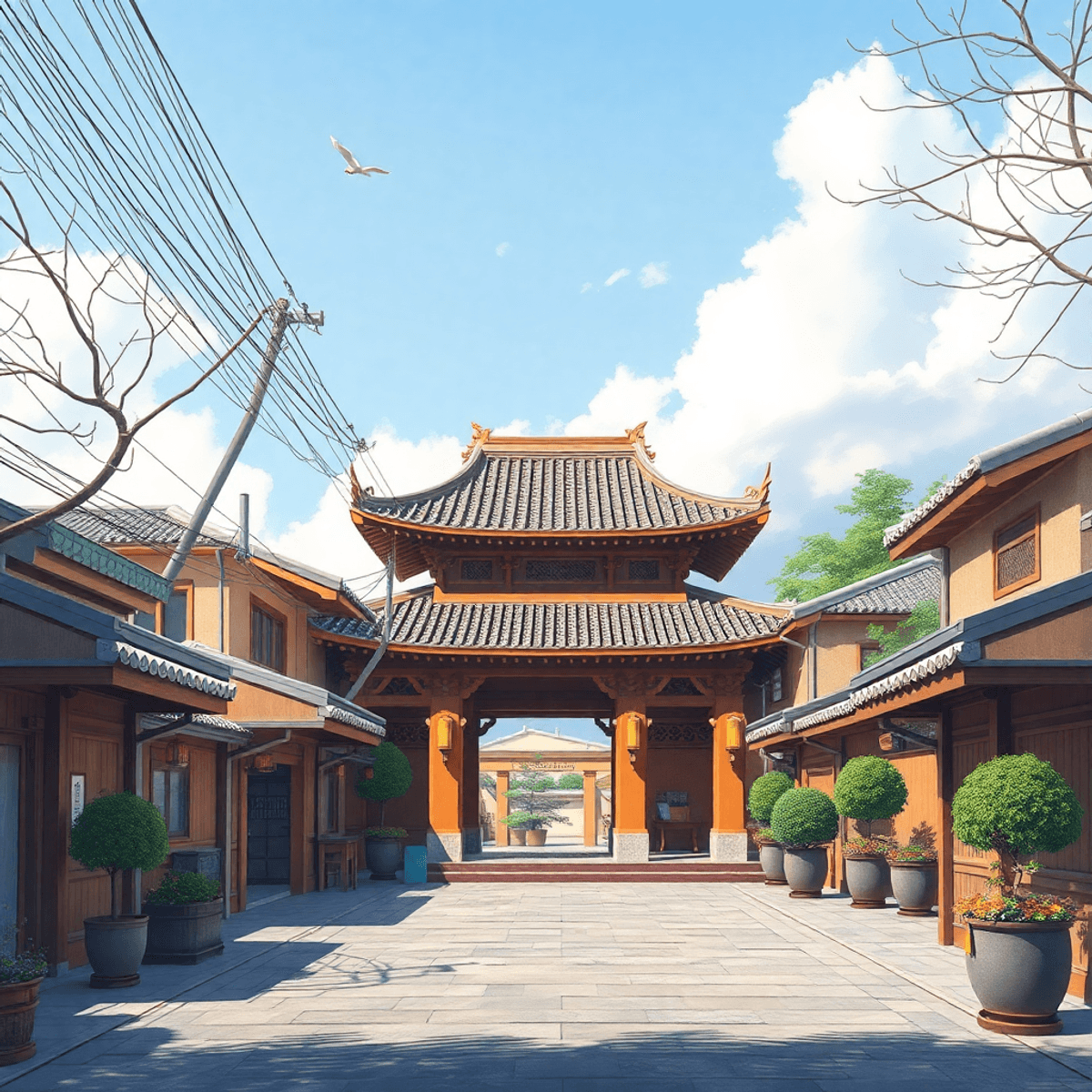 アンコールワットのシルエットが青空に映え、手前には緑豊かな自然が広がる美しいカンボジアの風景。