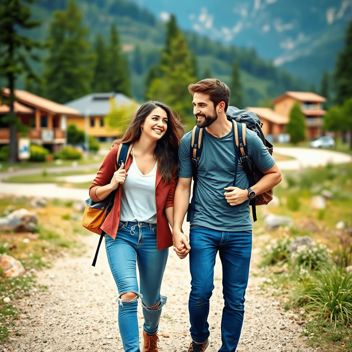 A smiling couple holding hands and walking with backpacks in a scenic travel destination, symbolizing harmony and stress-free travel.