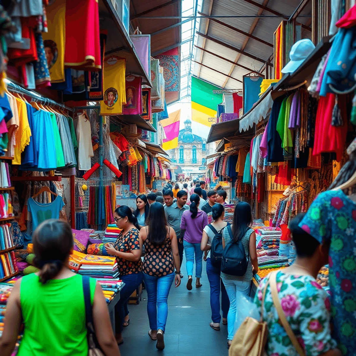 A lively local market filled with colorful stalls of handmade crafts, clothing, and souvenirs, with shoppers engaging with vendors in a vibrant atmosphere.