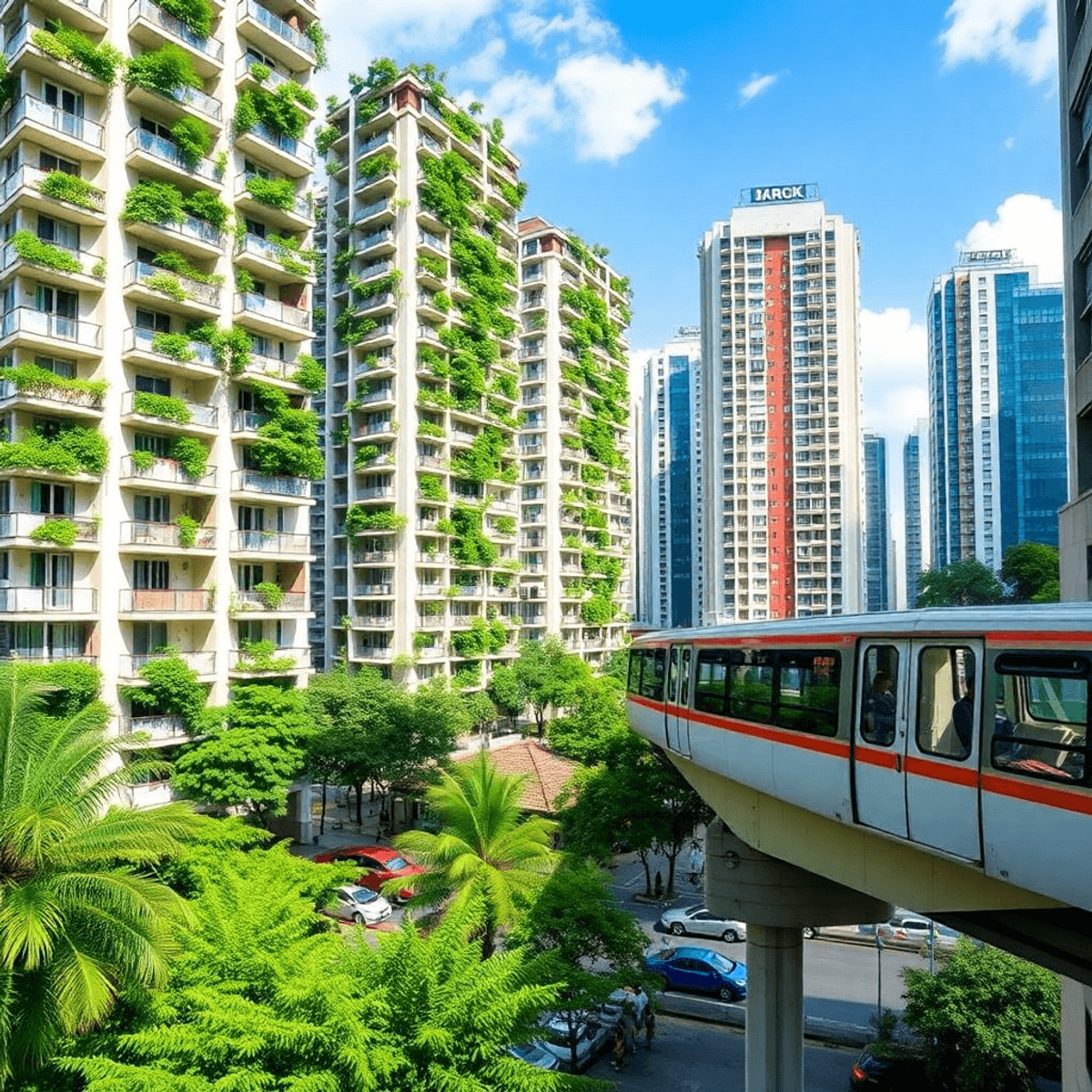 luxury condominium lifestyle Cityscape of Bangkok with modern high-rise condos surrounded by greenery and an elevated metro train passing nearby, showcasing urban living and transit access.