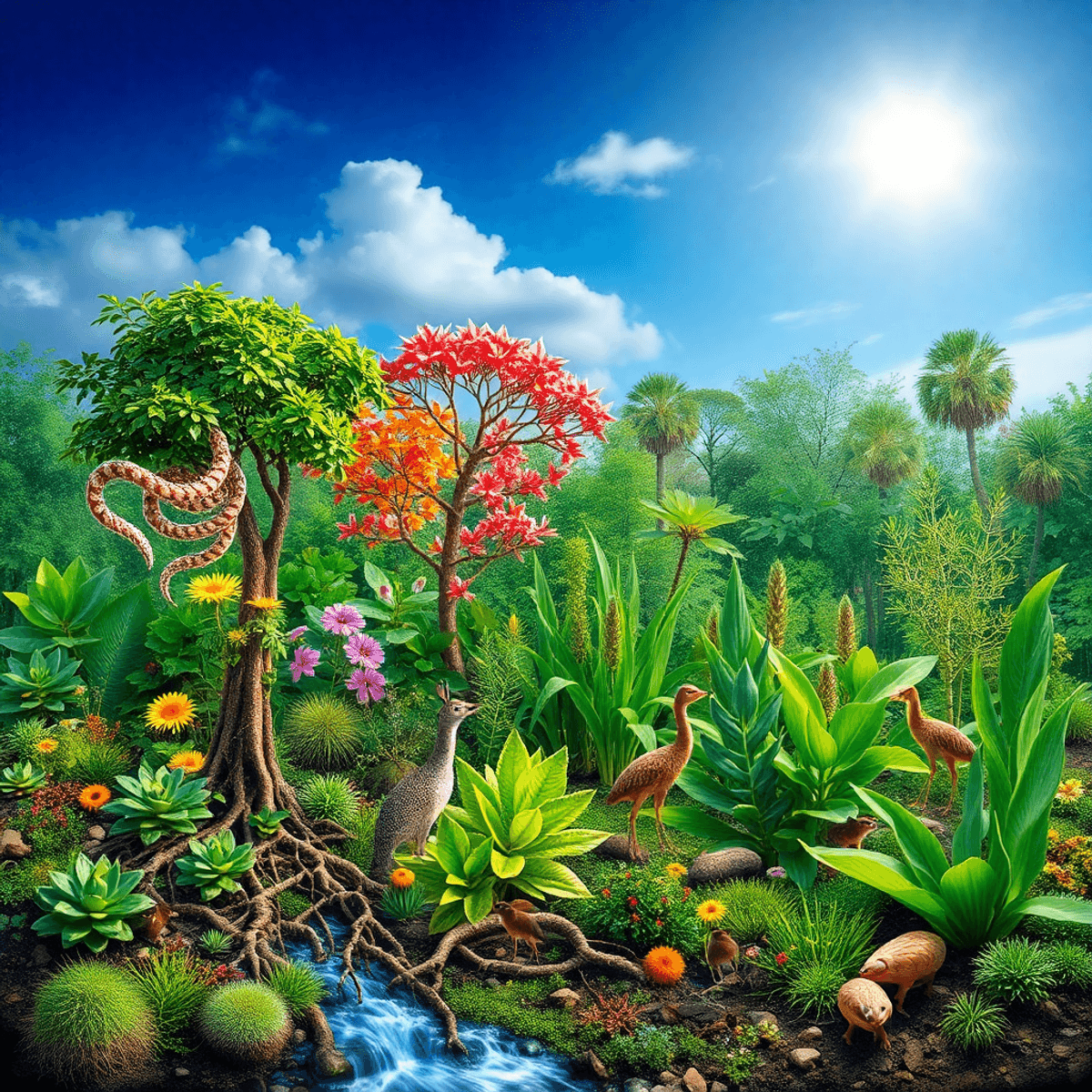 Ecosystem designer A vibrant natural landscape with healthy plants and animals, intertwined roots, flowing water, and a bright sky symbolizing hope amid subtle invasive species.