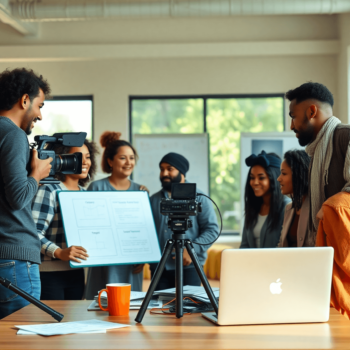 A group collaborating on a non-profit video project with camera, storyboard, and laptop in a bright, welcoming workspace.
