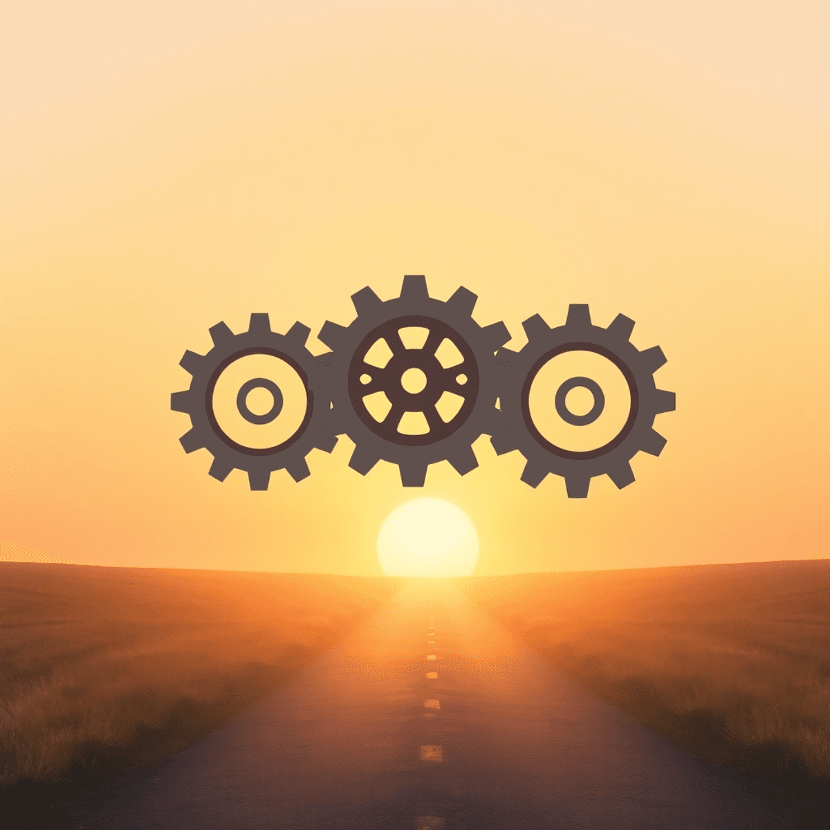 Three interlocking gears labeled consistency, discipline, and habit turn against a sunrise over a winding path, symbolizing growth and progress in a minimalist style.