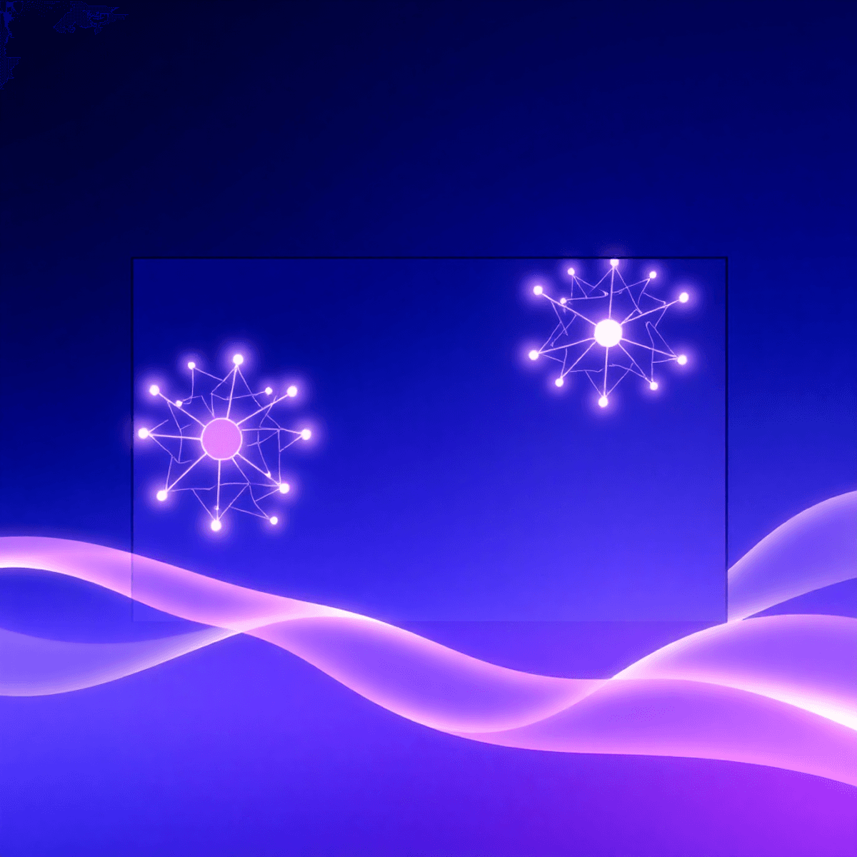 Abstract glowing neural network patterns and flowing shapes on a sleek blue-purple gradient background, symbolizing AI and communication in a minimalist digital workspace.