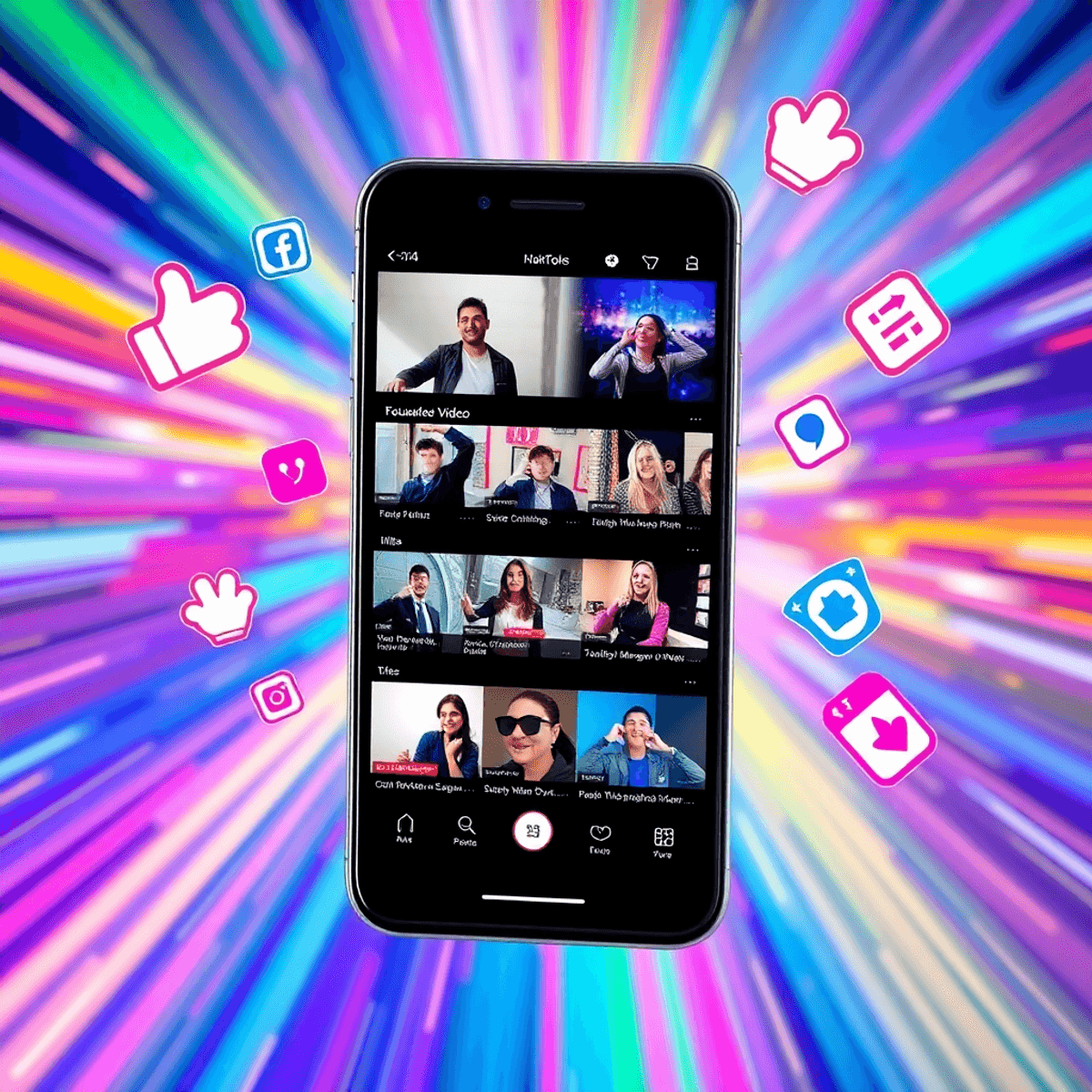 youtube short stories A smartphone shows colorful video thumbnails from social media, surrounded by floating engagement icons like likes and shares against a dynamic background.
