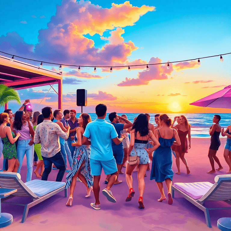full moon party drone sized :-000 Watercolor of young adults dancing at a vibrant beach party at sunset with a DJ, colorful lights, lounge chairs, umbrellas, and ocean view.