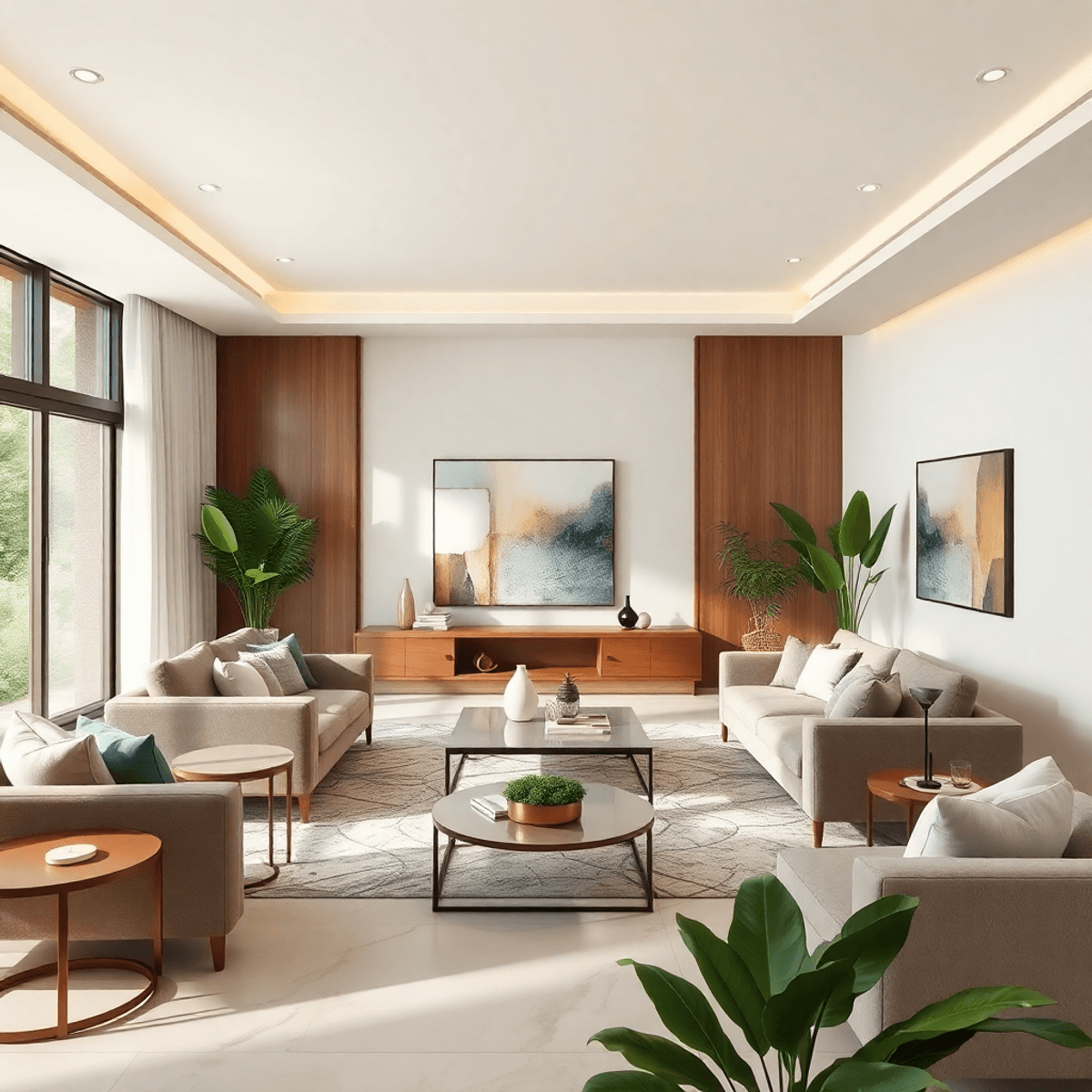 fine living in modern condominium complex Luxurious modern living room with elegant sustainable furniture, soft natural light, abstract art, and lush greenery creating a cozy, stylish, eco-friendly atmosphere.