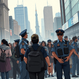 Travelers cautiously engaging with police officers amid shadowy figures and global landmarks in a realistic urban scene symbolizing vigilance and travel.
