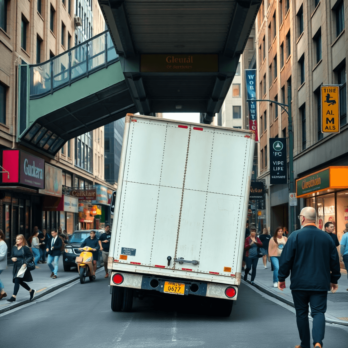 star dust on skywalk,top sercret cleaning services,eco friendly ladies, Star Dust, Dirty Gas, Sky Walk, Heavy traffic, traffic jam, diesel engines, frigo van, fridge van under skywalk, fridge truck under skywalk A bustling city street with a parked semi truck awkwardly positioned under a skywalk, pedestrians navigating around it, surrounded by colorful storefronts and tall buildings.