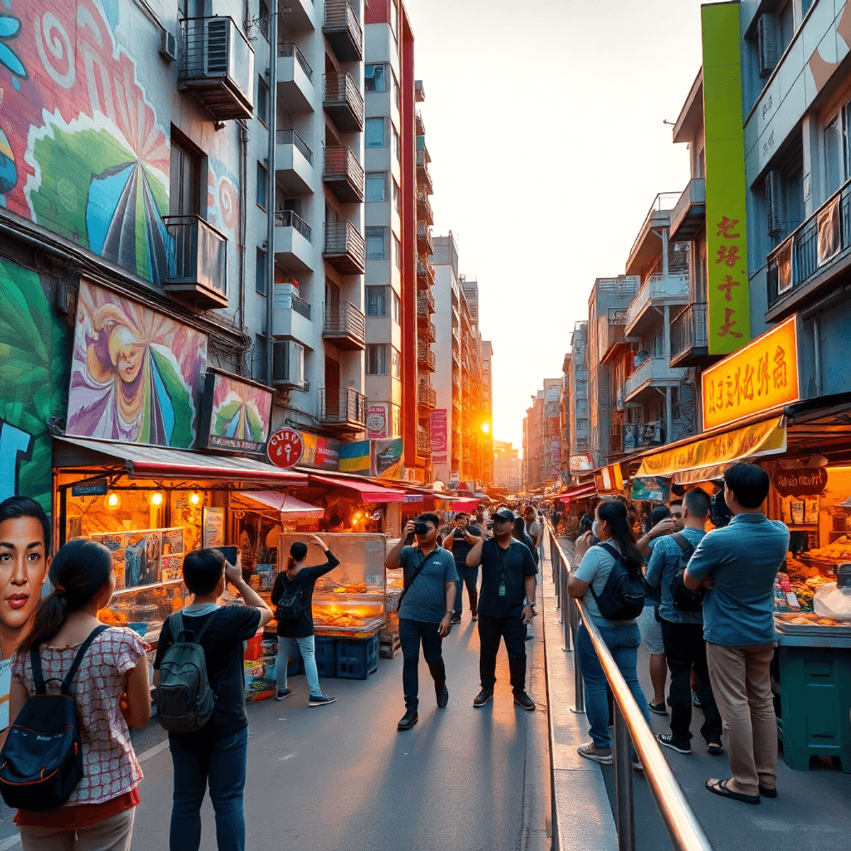 AI influencers in big city life Vibrant urban street at sunset with colorful murals, lively markets, and young content creators filming daily life on balconies and sidewalks.
