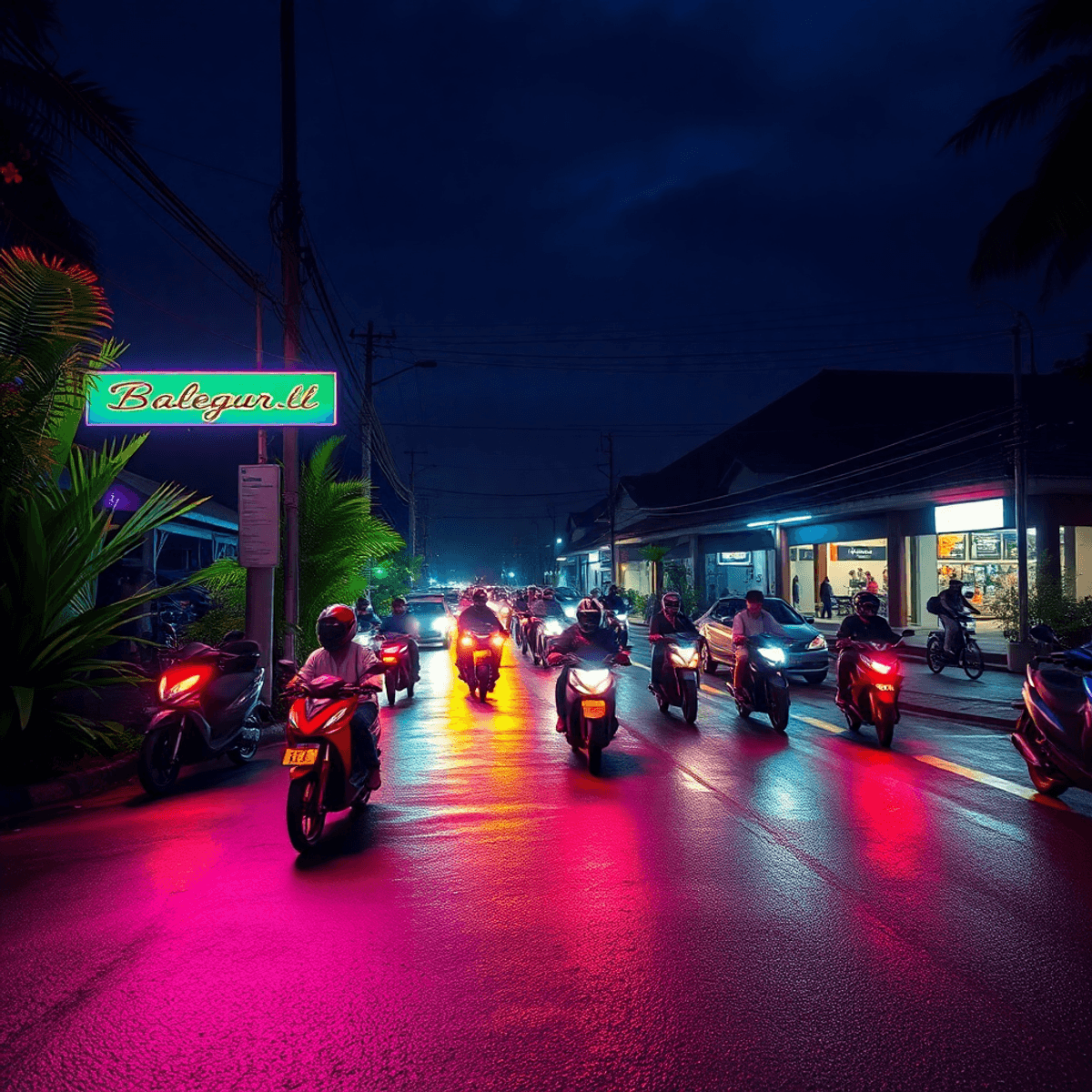 expat after party experience Nighttime street in Bali with colorful lights reflecting on wet pavement, motorcycles weaving through traffic, tropical plants, and traditional architecture silhouettes.