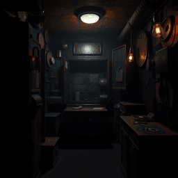 Dimly lit escape room with locks, keys, hidden compartments, and warm moody lighting creating a suspenseful, adventurous atmosphere.
