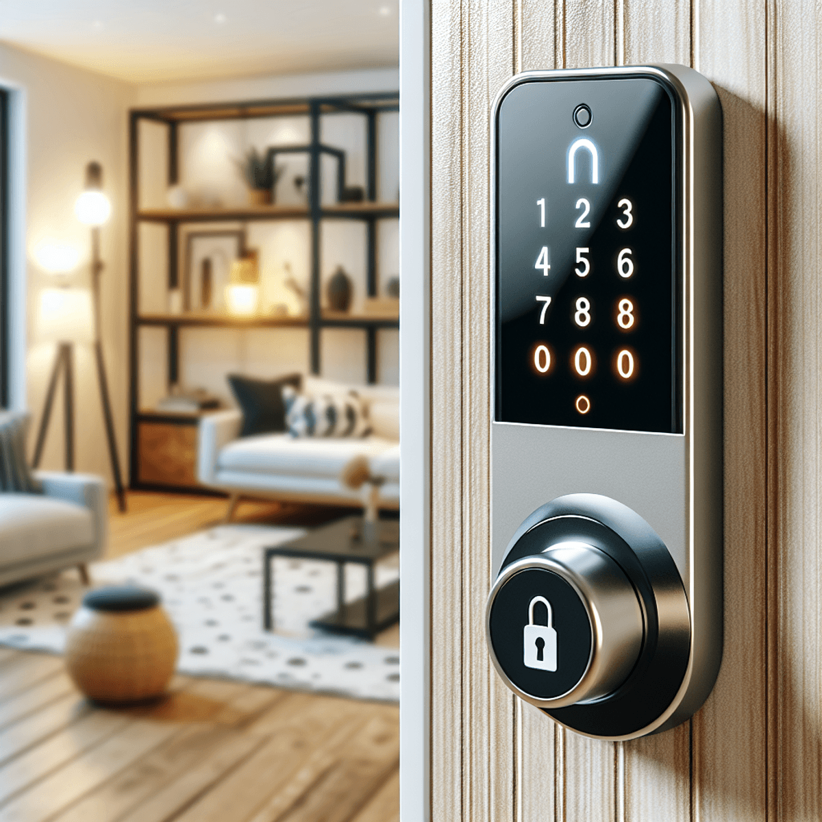 A digital art representation of a modern digital door lock, symbolizing the advanced technology and security features.