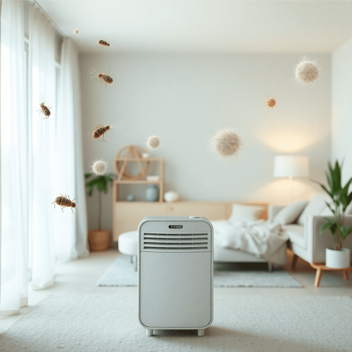 깔끔하고 미니멀한 홈 인테리어로 공기 청정기, 부드러운 조명, 따뜻한 색상으로 구성되어 있어 편안함과 효과적인 알레르기 관리가 전해집니다. 먼지와 알레르겐은 섬세하게 표시되어 있습니다.