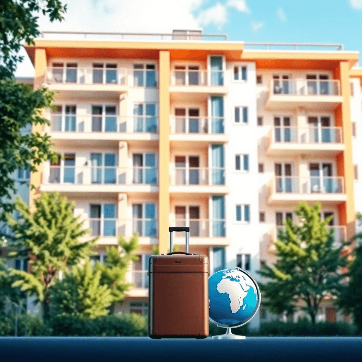 Modern condo building with large windows and balconies, surrounded by greenery, a suitcase and globe in front, under a clear blue sky.