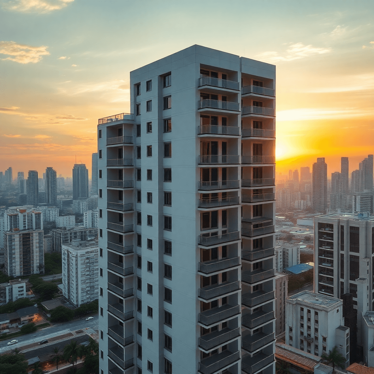 Modern high-rise condo in Bangkok at sunset with empty balconies, clean windows, and fresh paint, set against a city skyline in digital art style.