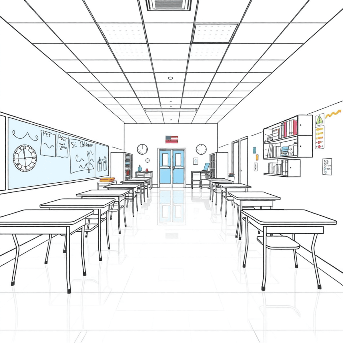 A bright, one-line drawing of a clean school with shiny floors, organized desks, and educational materials, conveying health and positivity.