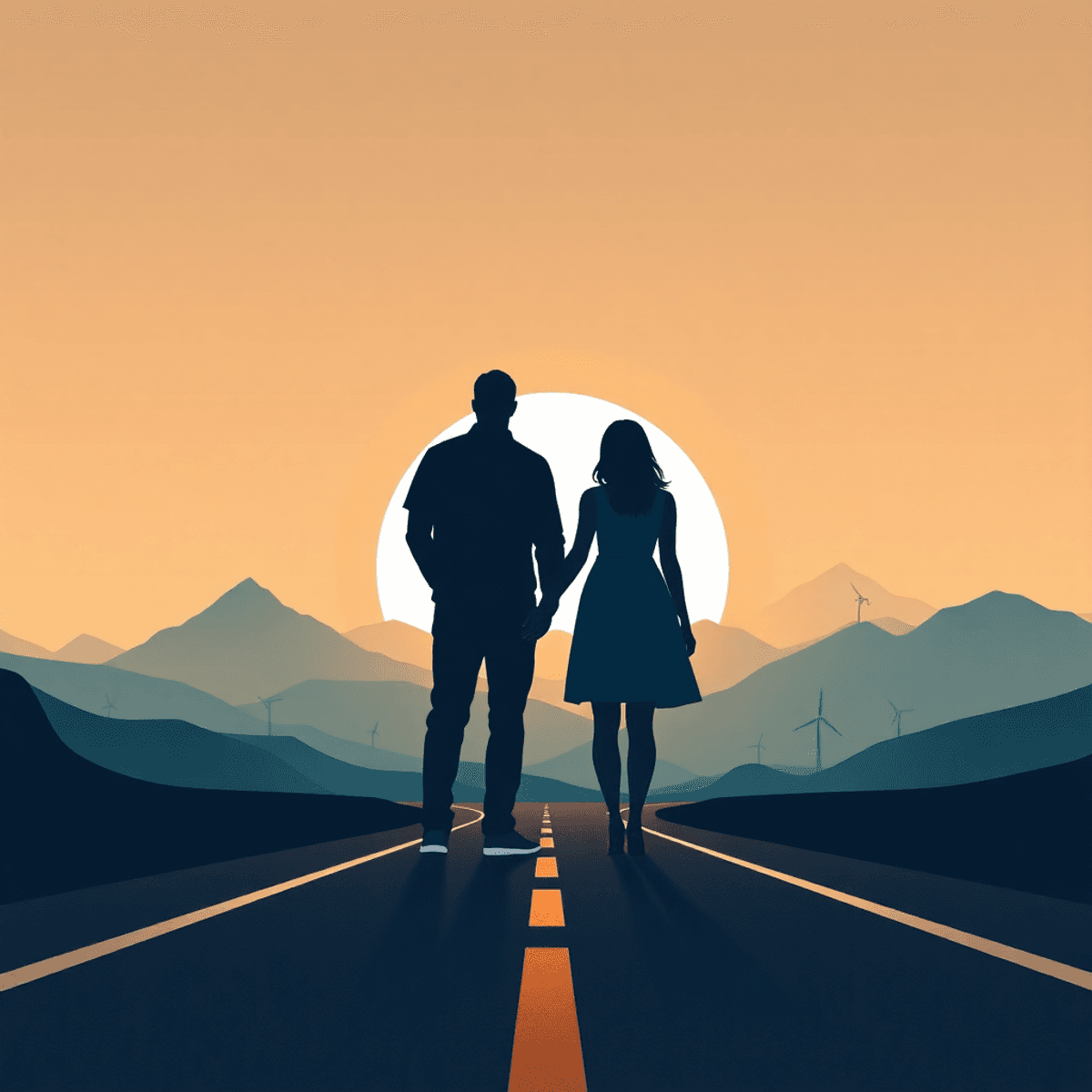 Sunrise over winding road with silhouettes of a couple looking toward horizon, surrounded by abstract mountains and landmarks in minimalist style.