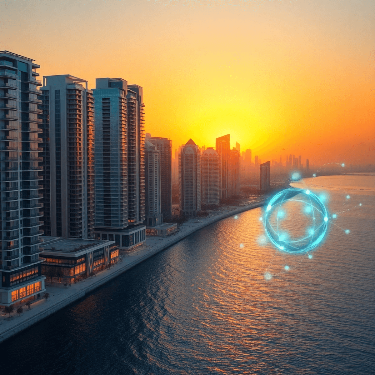 Sunset over Dubai cityscape with modern high-rise condos by calm sea, golden light reflecting on glass, and subtle glowing network lines in sky and water.