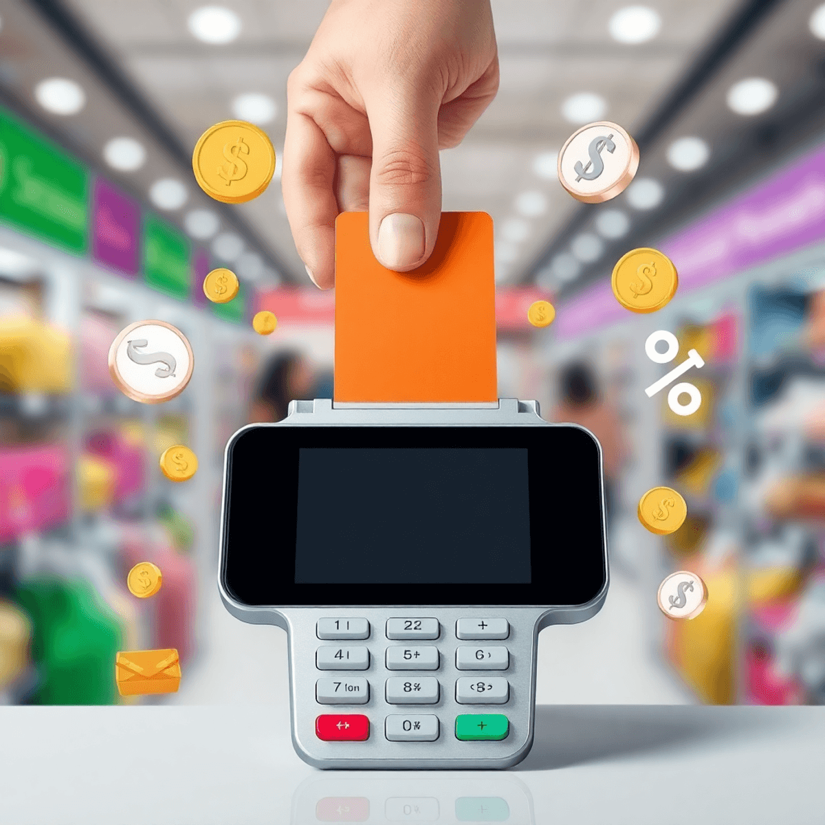 A hand holding a contactless card above a modern card reader, surrounded by coins and discount symbols in a vibrant shopping environment.