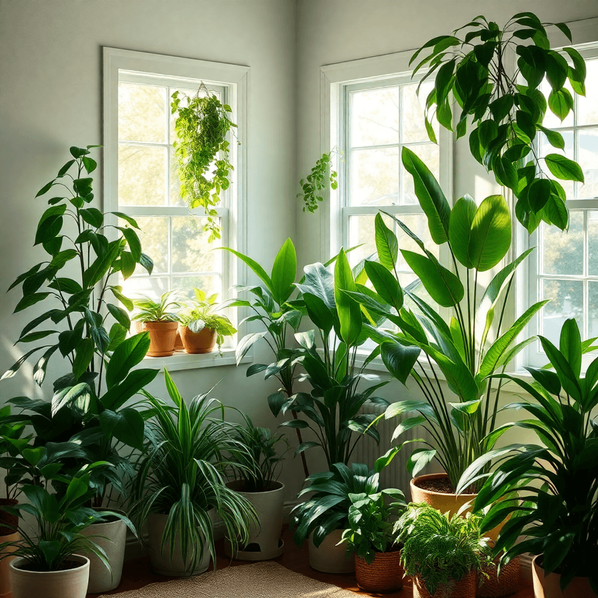 Cozy room filled with lush green houseplants in shaded corners and near windows with soft, indirect light, creating a serene and inviting atmosphere.