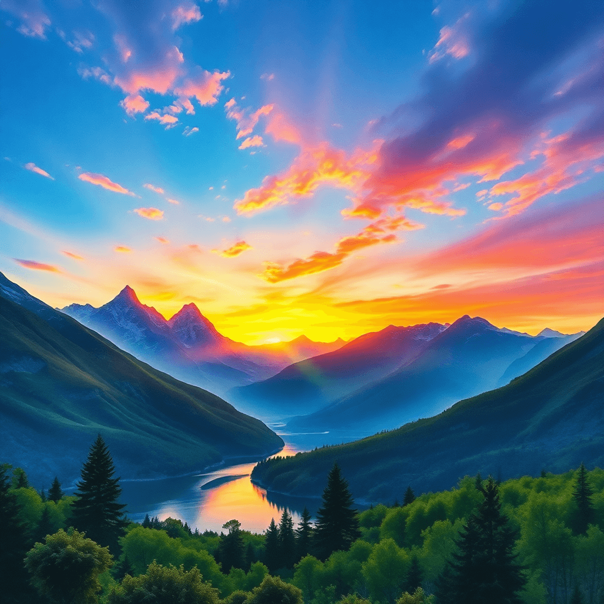 A breathtaking watercolor landscape of a mountain range at sunrise, with vibrant skies and a serene lake reflecting the peaks, surrounded by lush greenery.