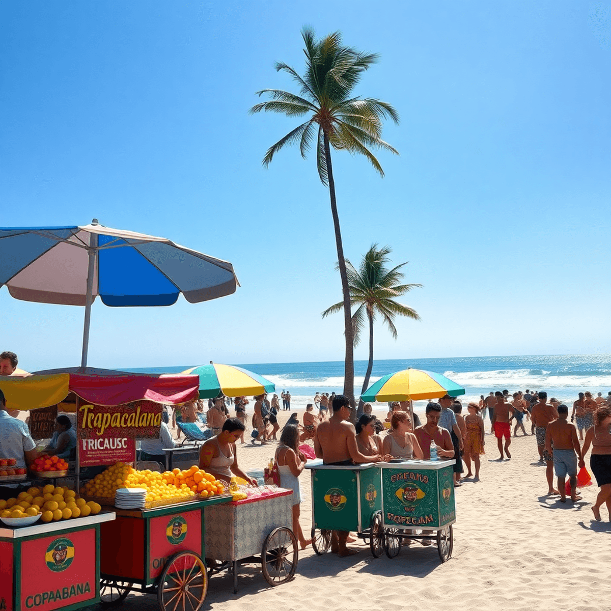 beach vendors using snake venom and anesthetic gas Minimalist vibrant Copacabana beach scene with colorful vendor carts, umbrellas, tropical fruits, snacks, drinks, lively beachgoers, ocean waves, blue sky, and palm trees.