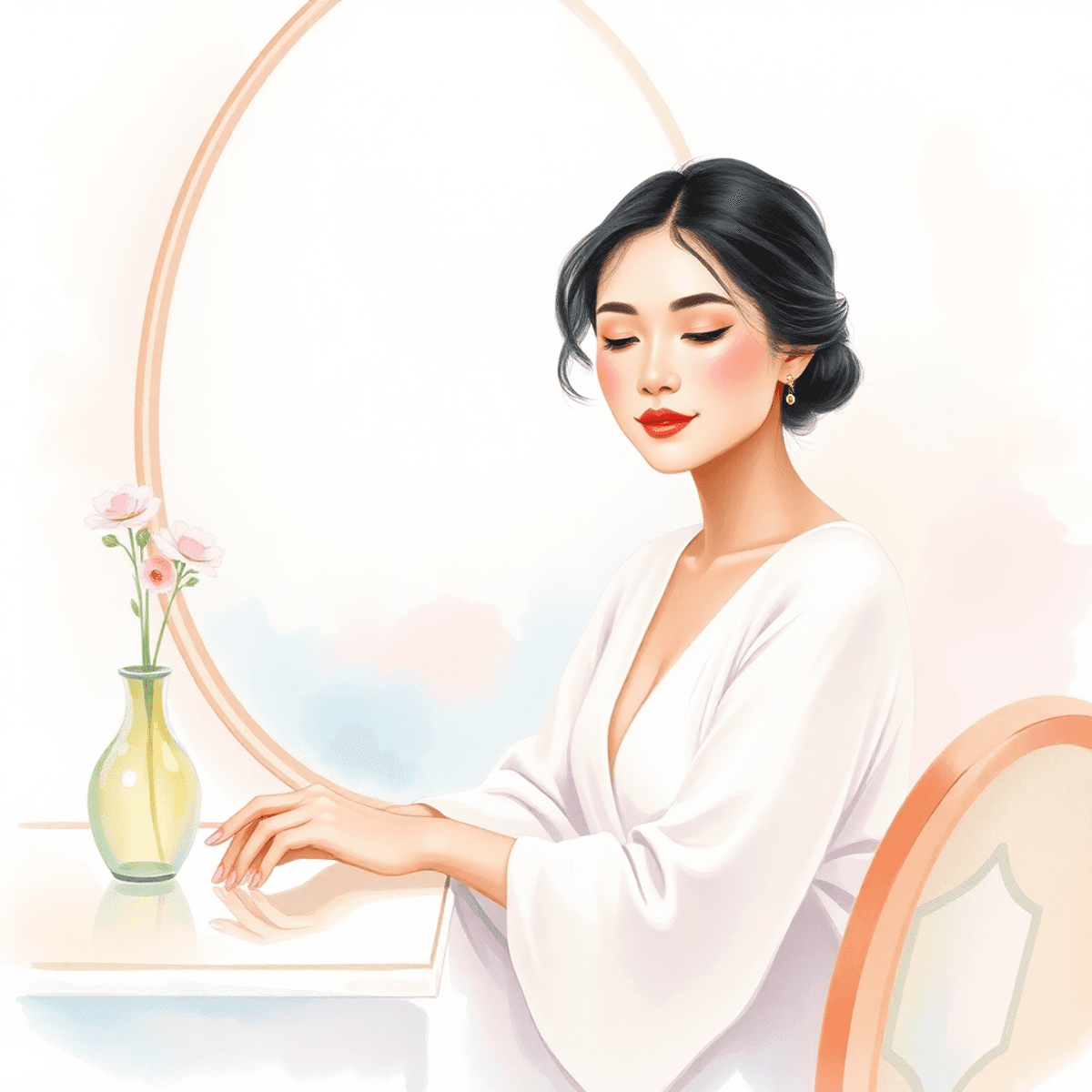 Seorang wanita tenang duduk di depan meja rias, dikelilingi oleh warna pastel lembut, dengan cahaya lembut yang menerangi ekspresi damainya dalam gaya cat air.