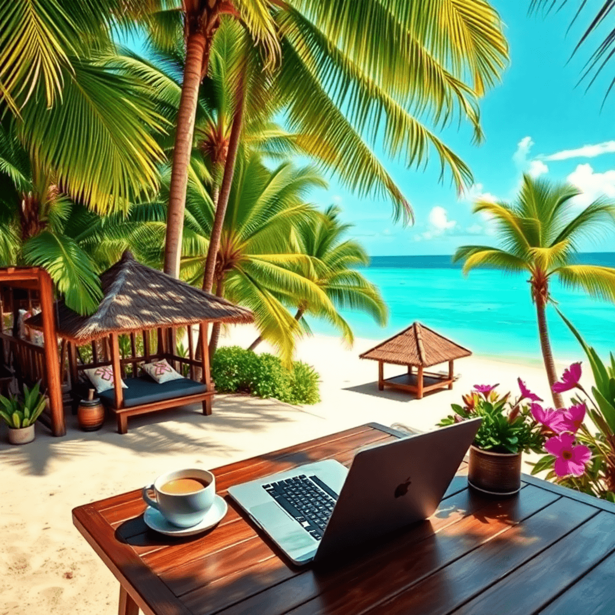 Social Media SuperStart AI Generated Laptop and coffee on a wooden table overlooking turquoise ocean, palm trees, bamboo huts, and colorful flowers in a tropical beach setting.