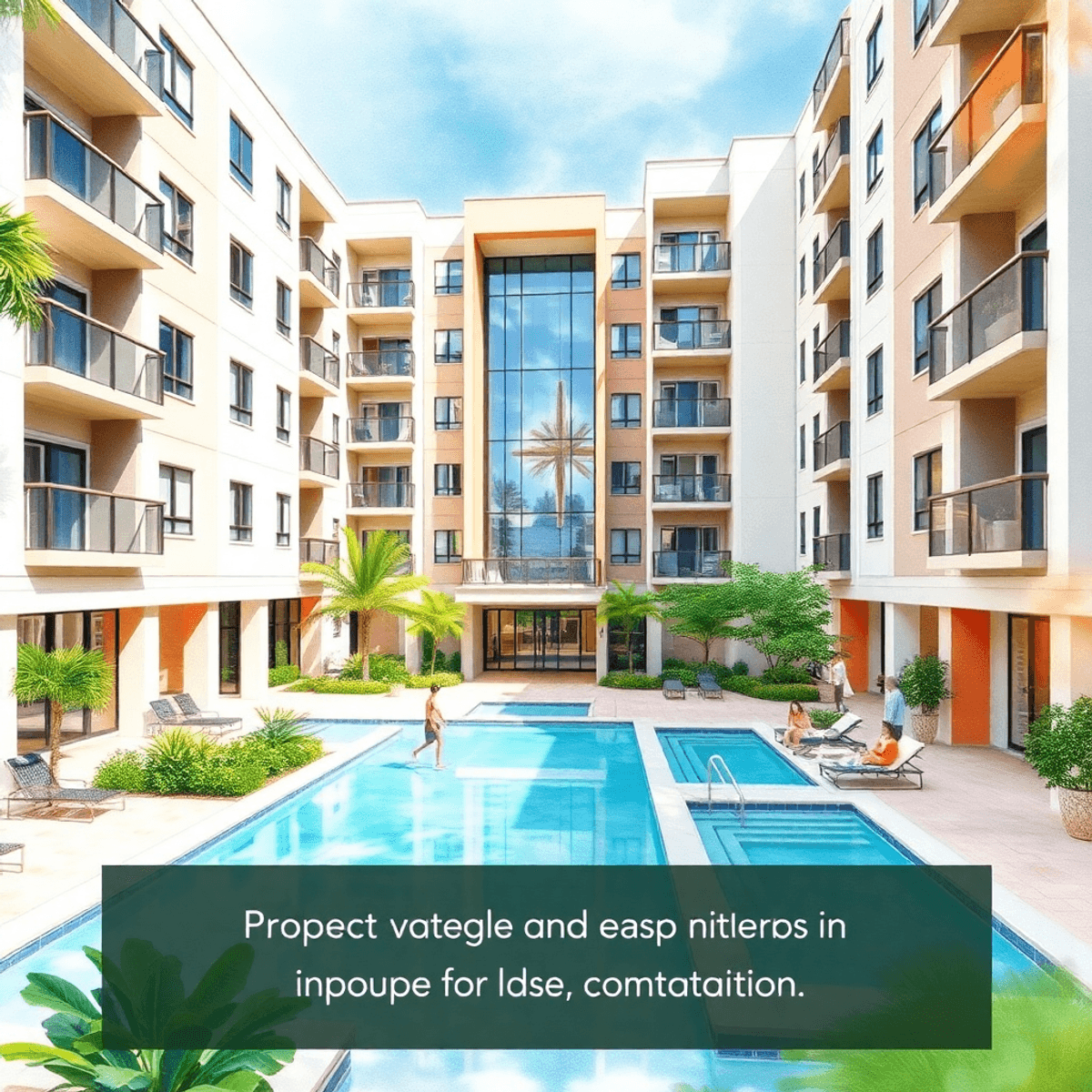 깨끗한 수영장과 푸른 녹지로 둘러싸인 현대적인 공동주택 건물, 주민들이 공간을 즐기고 있는 모습으로, 활기찬 수채화 스타일로 공동체와 조화로운 느낌을 전달합니다.