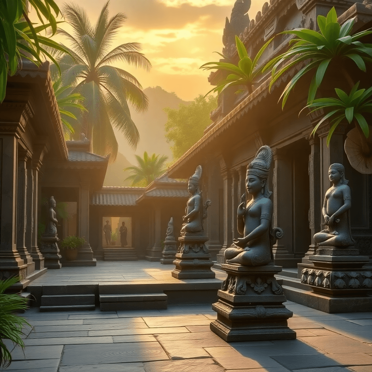 Ancient Balinese temple courtyard at sunrise with carved stone statues of Hindu gods, lush tropical greenery, and soft golden light creating a serene atmosphere.