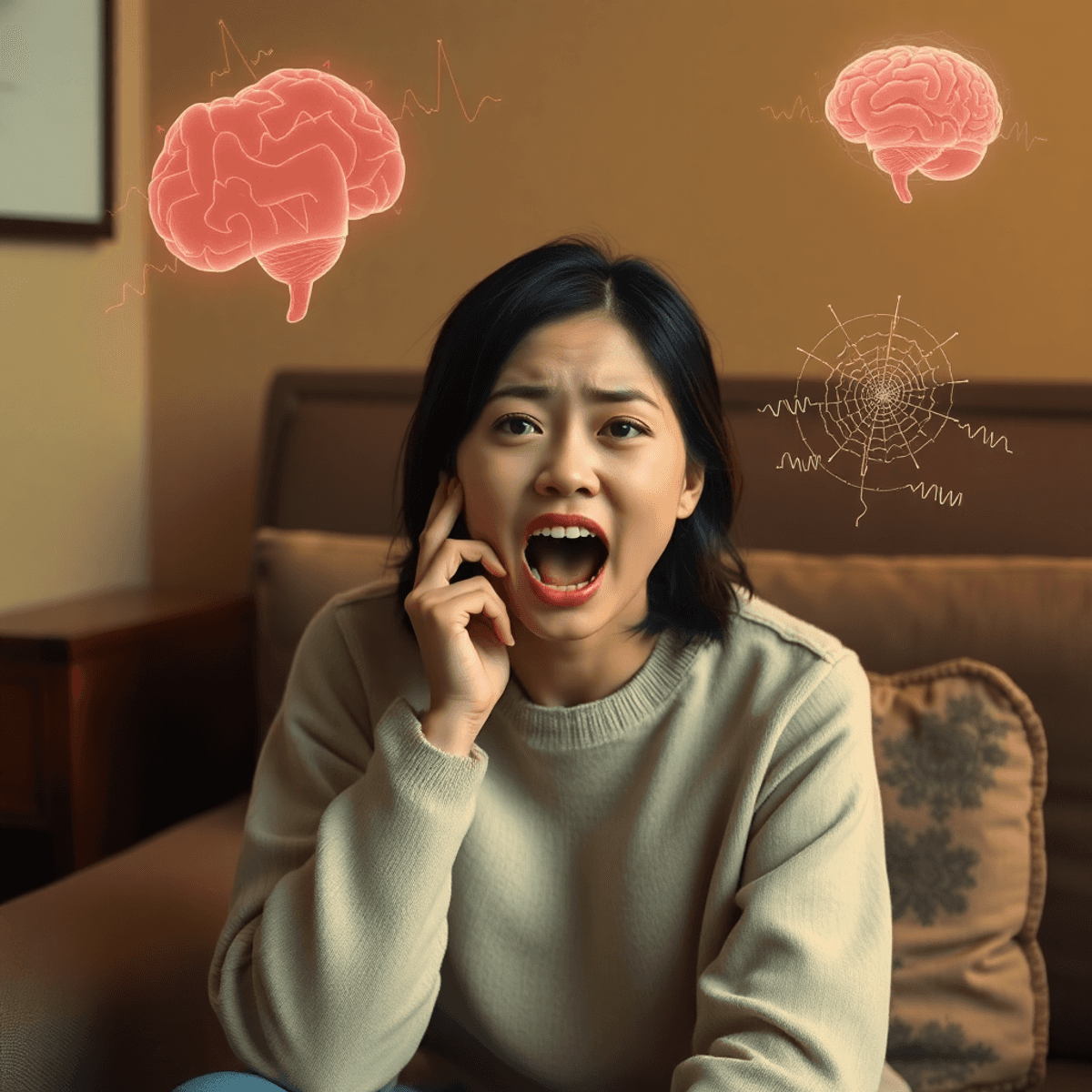screaming without reason A woman sitting alone in a cozy room, expressing intense emotion with an open mouth, surrounded by abstract emotional waves and brain activity patterns in warm tones.