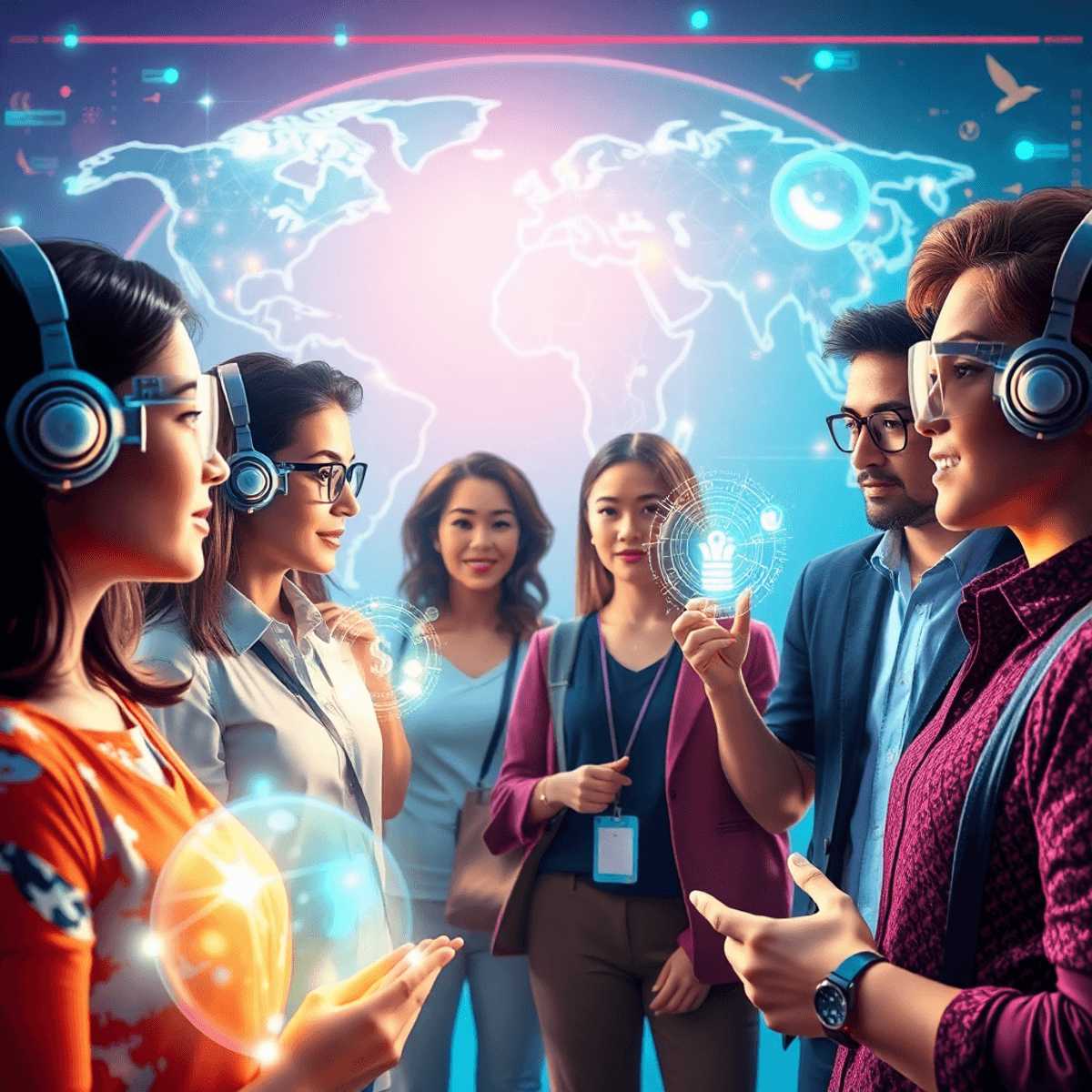 AI influencer, Next Level Of social media, social media A vibrant futuristic scene of people interacting with glowing AI holograms and data streams against a global connectivity backdrop with Southeast Asia and South America motifs.