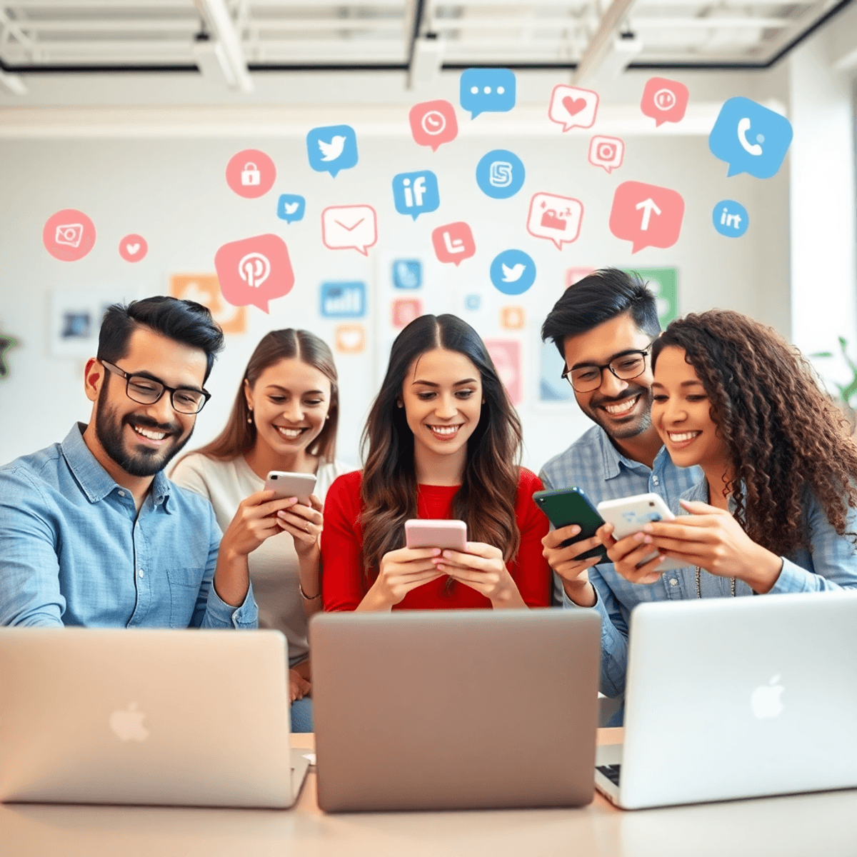 กลุ่มคนที่มีชีวิตชีวาใช้สมาร์ทโฟนและแล็ปท็อปในพื้นที่ทำงานที่สว่างสดใสและทันสมัย โดยรอบมีไอคอนโซเชียลมีเดียและองค์ประกอบการสร้างแบรนด์