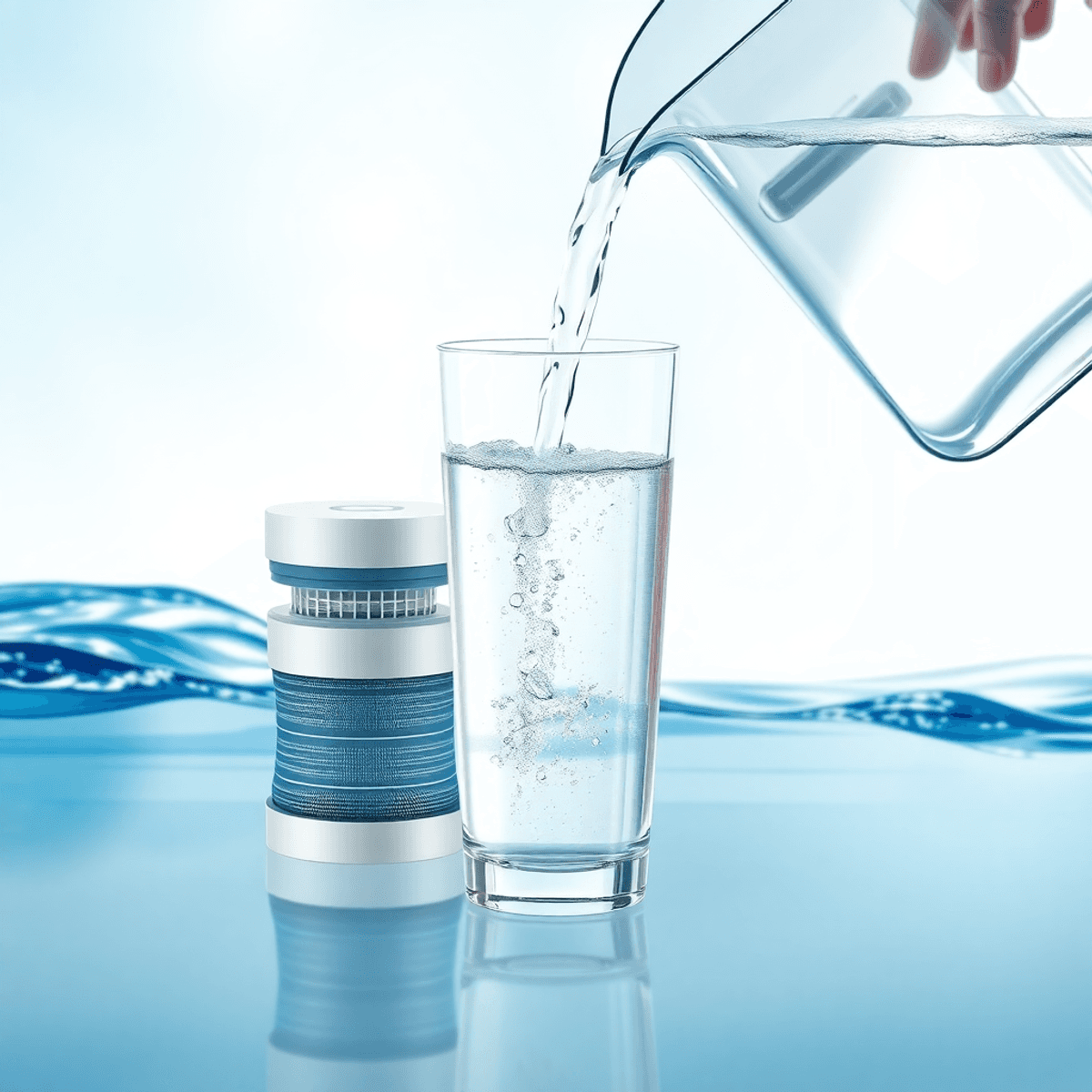 A clear glass of water being poured from a modern pitcher with visible filters, set against a soft blue and white background with water droplets and waves.