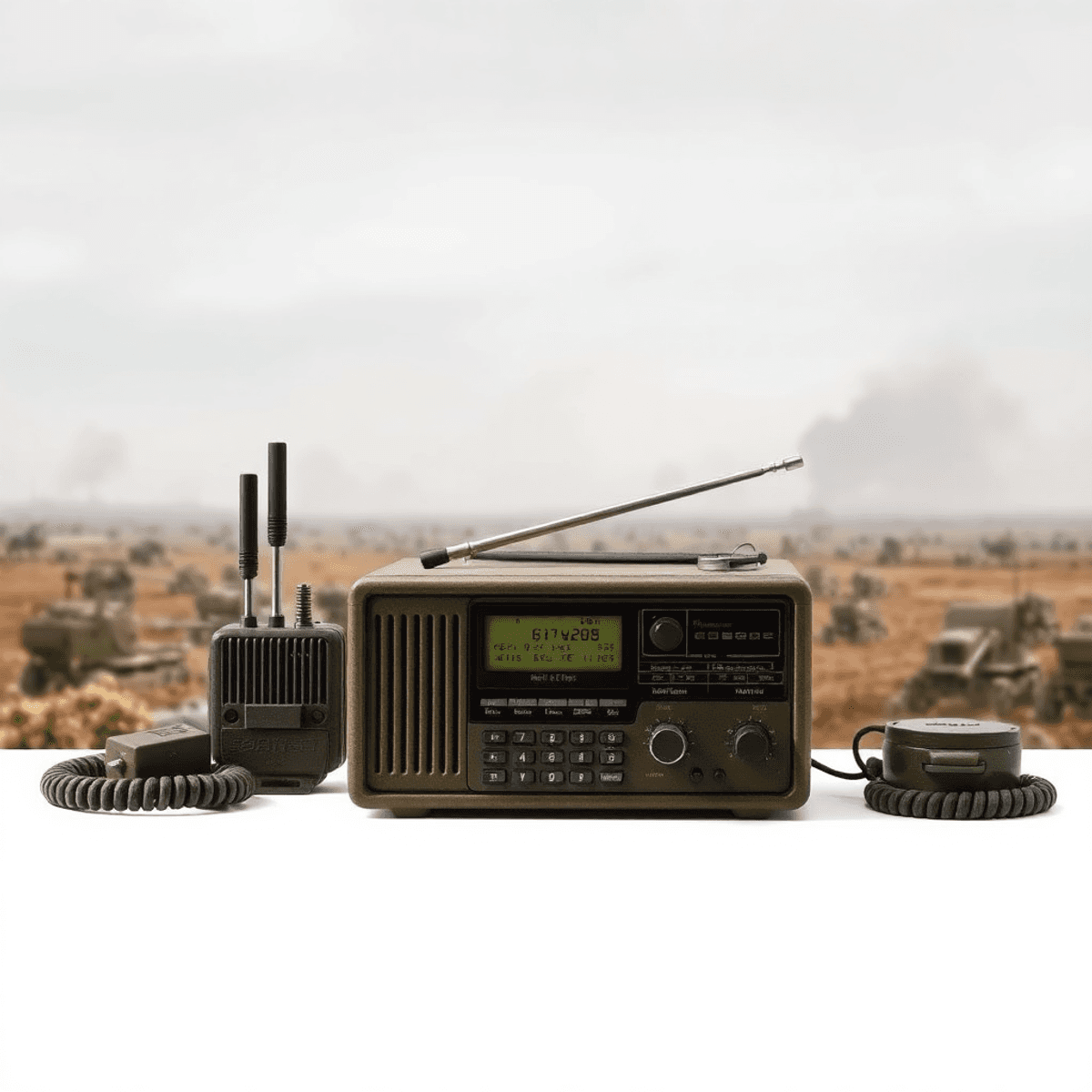 A vintage military radio set in front of a battlefield, showcasing antennas and equipment, with muted colors to evoke the seriousness of historical communication in warfare.