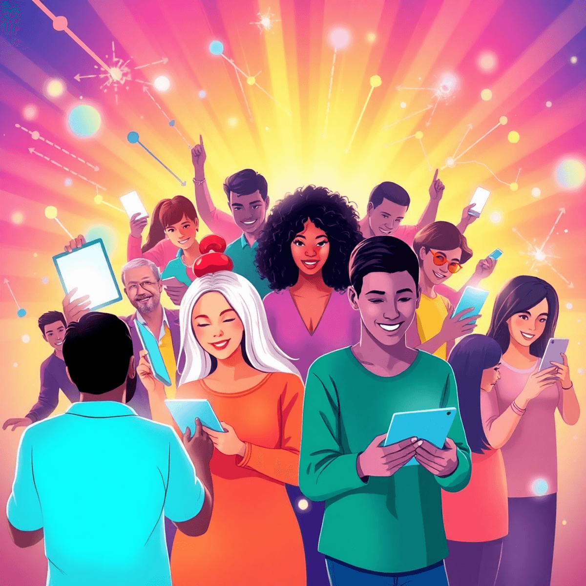 A vibrant scene of people using devices, surrounded by glowing arrows and network nodes, against a bright background symbolizing digital connection and viral sharing.