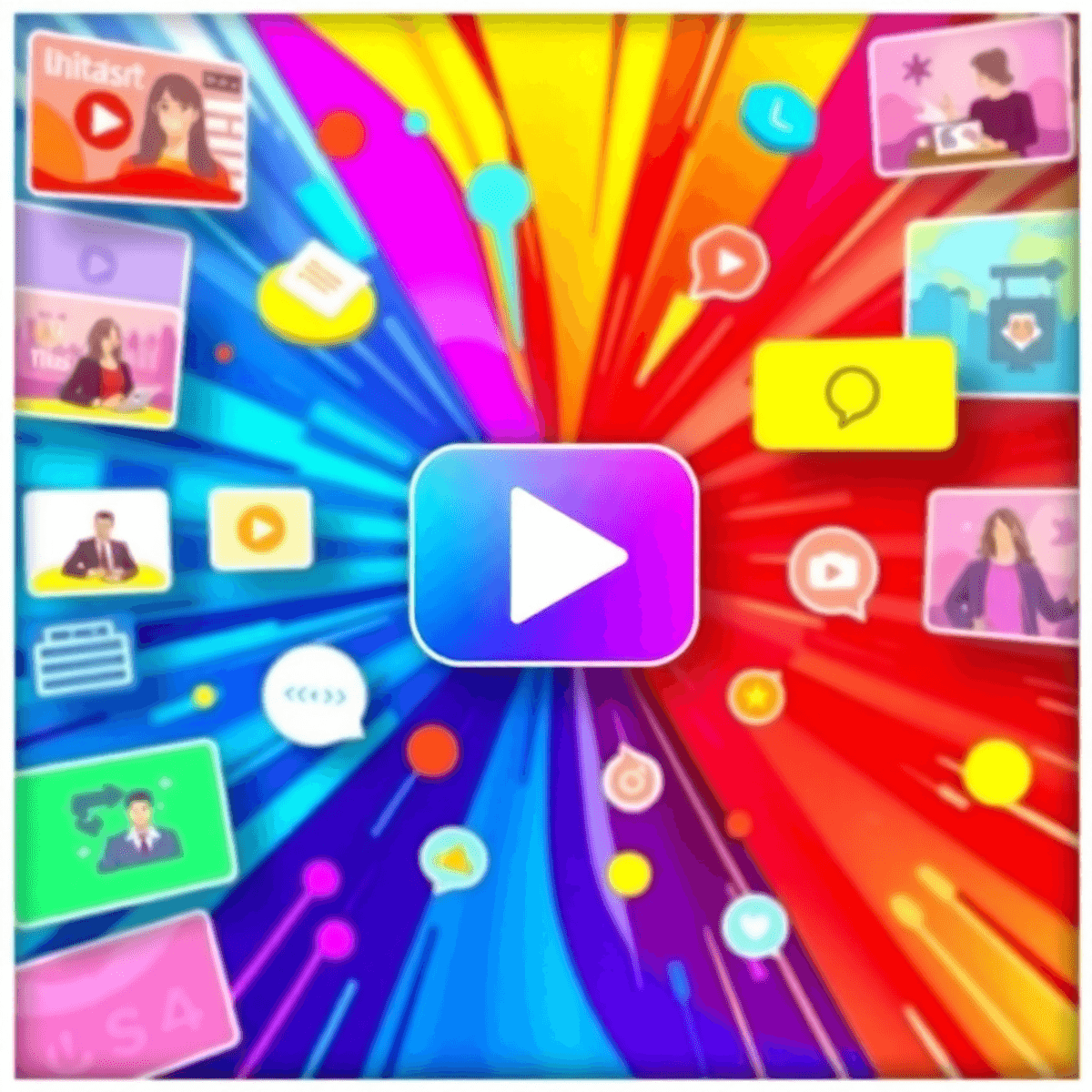 A lively video thumbnail with a bold play button at the center, surrounded by colorful graphics and dynamic elements representing various video themes.