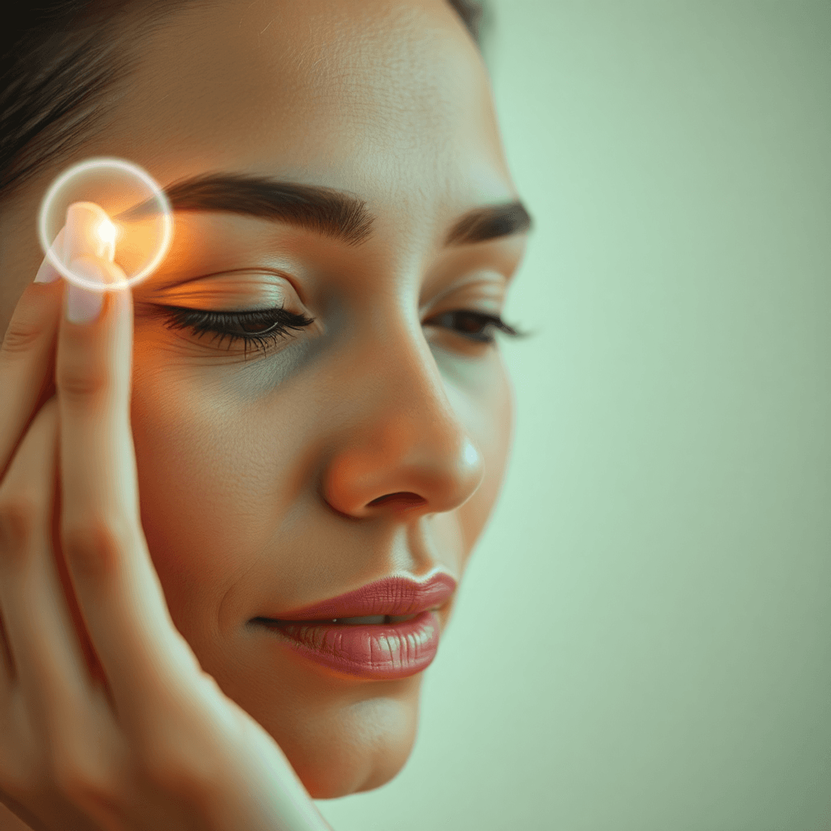 Close-up of a woman gently touching under her eyes, surrounded by soft glowing light and abstract translucent shapes on a fresh gradient background.