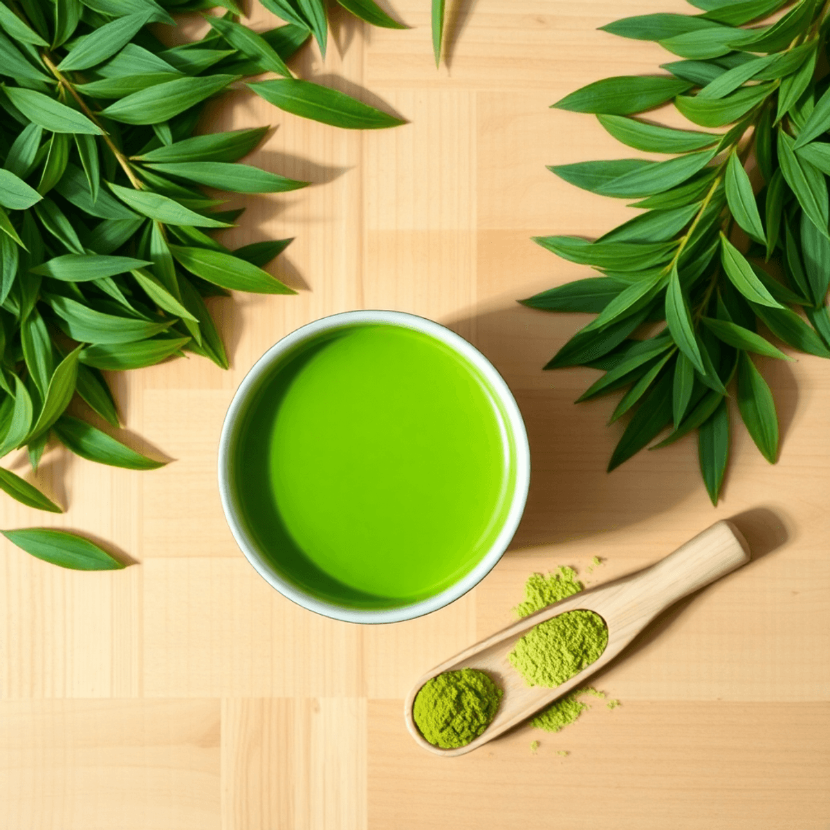 How Much Matcha Per Day Is Actually Safe? A bright green matcha tea cup with fresh tea leaves and a wooden scoop of matcha powder on a wooden surface, lit by soft natural light.
