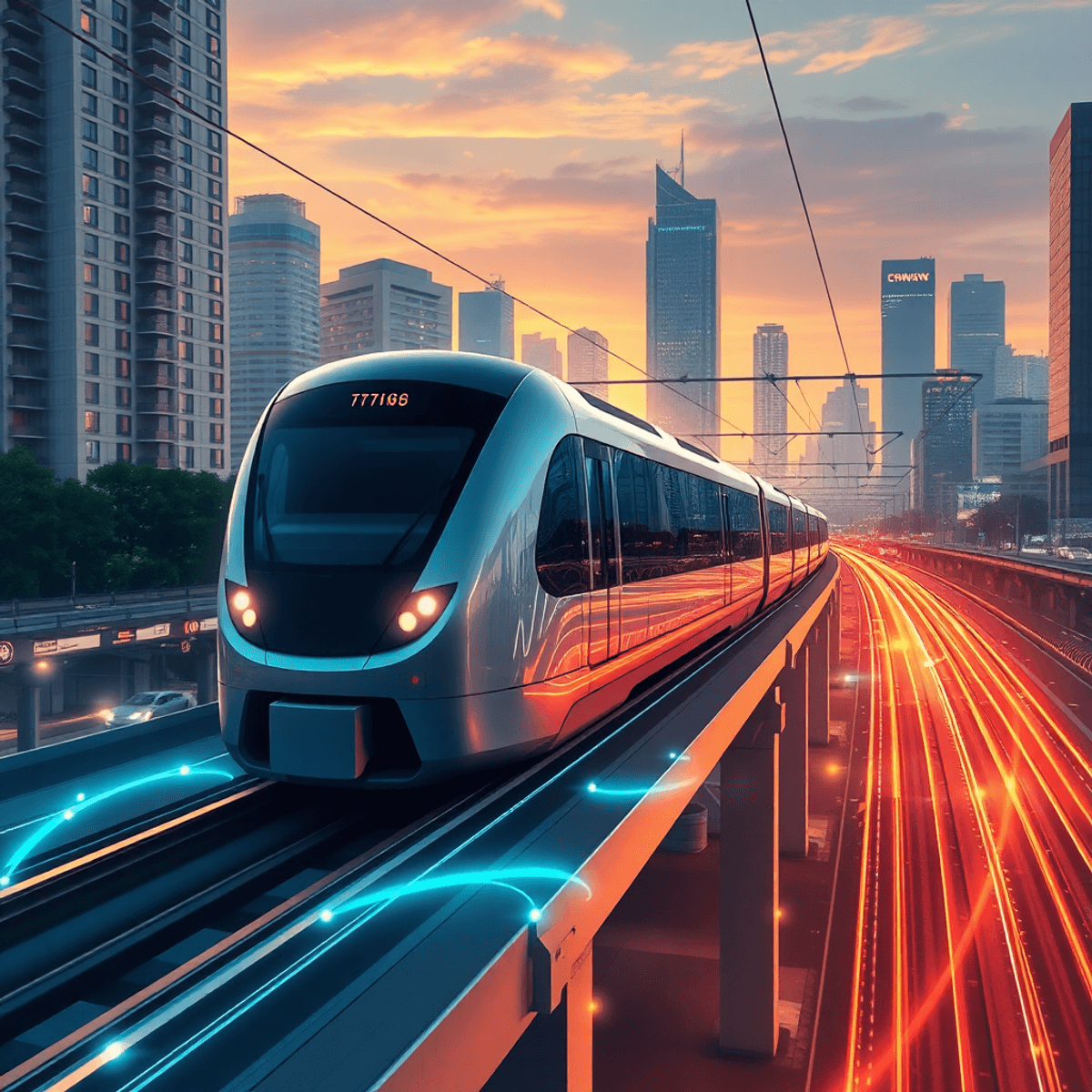 Gray Line MRT, BTS gray line, Bangkok gray line, Bangkok bts รถไฟฟ้าสีเทาเรียบหรูบนรางสูงในเมืองที่มีชีวิตชีวาในช่วงพระอาทิตย์ขึ้น พร้อมด้วยเส้นสายที่เปล่งประกายสัญลักษณ์ของการเดินทางที่รวดเร็วและการเชื่อมต่อในเมือง