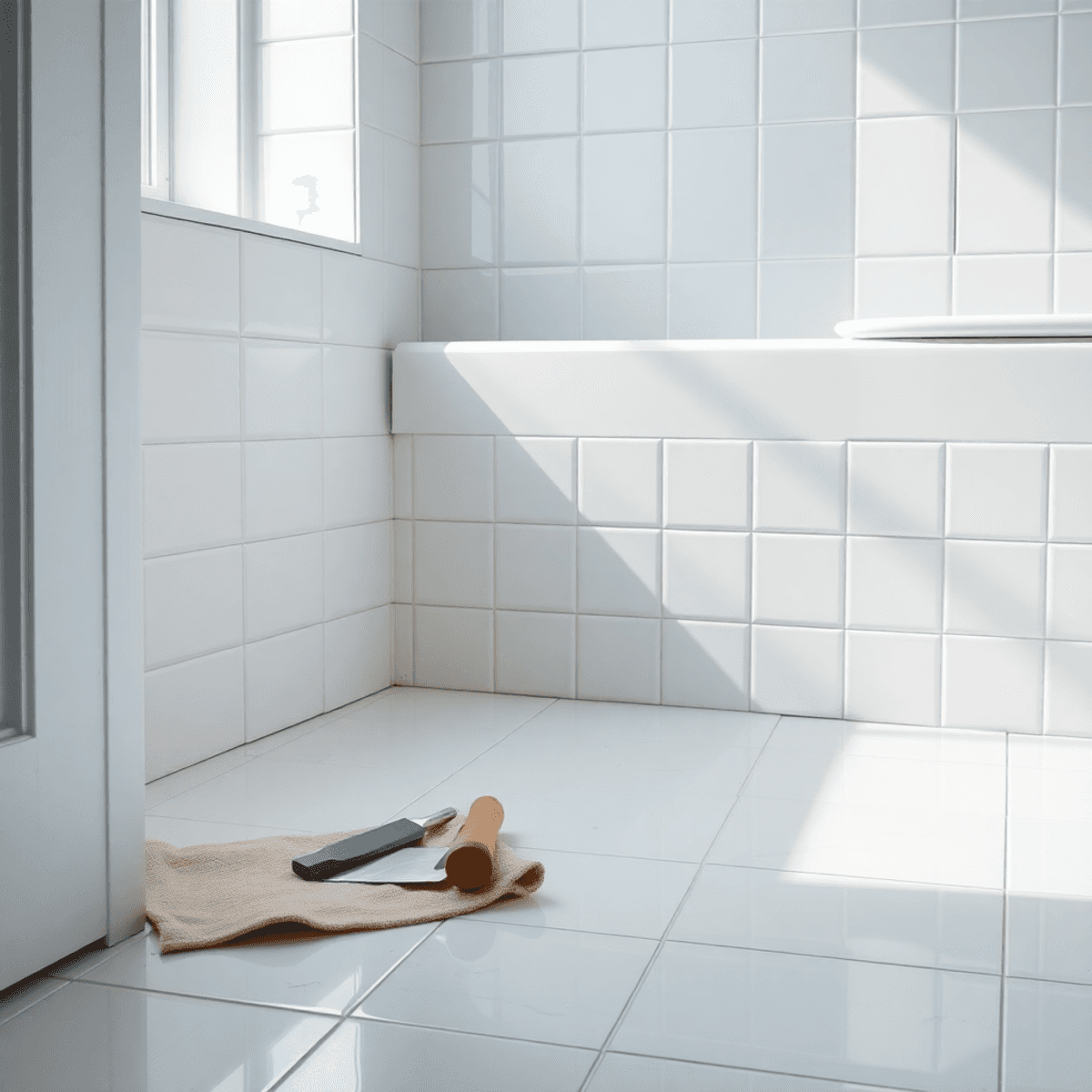 white filler between tiles in vietnam hotel makes me headache Oil painting of a modern bathroom corner with shiny white tiles, tools on cloth, and soft light highlighting fresh grout and tile surfaces.