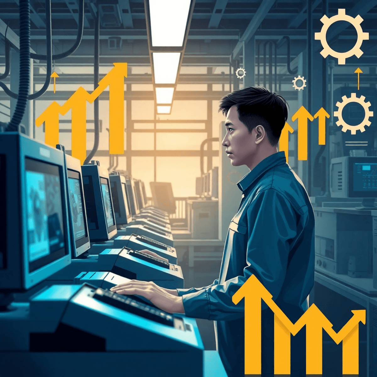 A modern workspace showcasing a worker supervising automated machines, with symbols of economic growth like arrows and gears, emphasizing collaboration between humans and technology.
