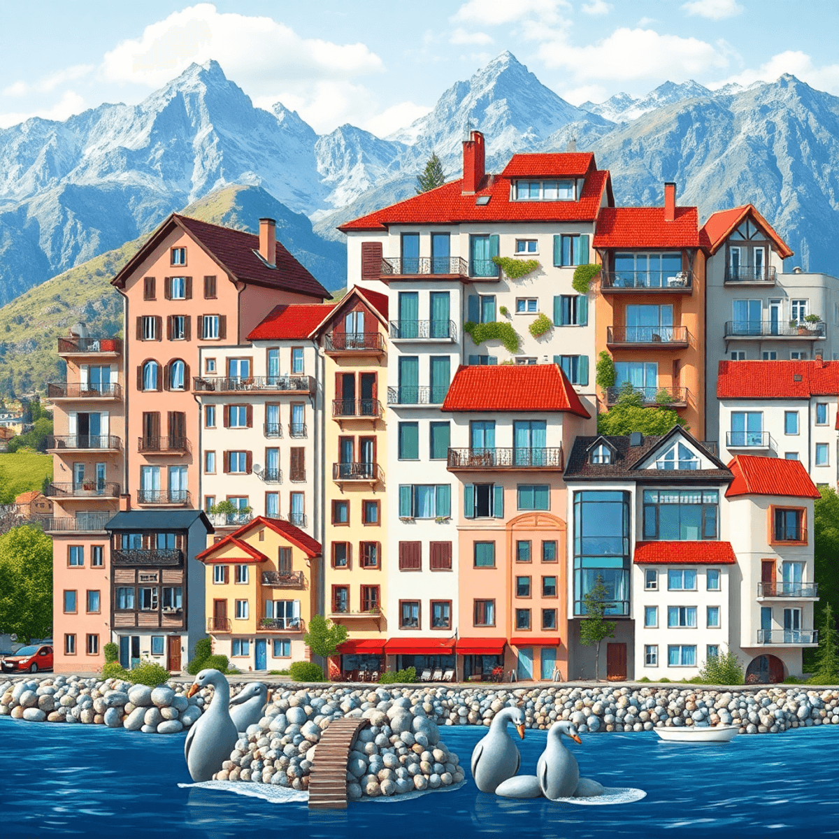 A vibrant digital collage showcasing various European housing types, including cozy condominiums, traditional houses, and modern apartments, set against diverse landscapes.