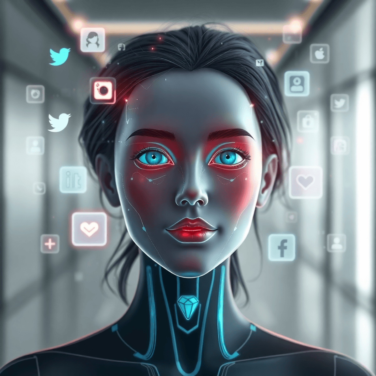 AI Influencers A realistic futuristic avatar with a glowing, semi-transparent face amidst holographic interface elements and social media icons on a sleek modern background.